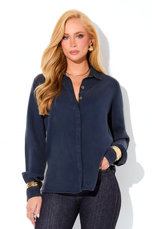 Camisa Feminina de Liocel Aura com Botões Ocultos Azul Marinho