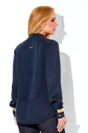 Camisa Feminina de Liocel Aura com Botões Ocultos Azul Marinho