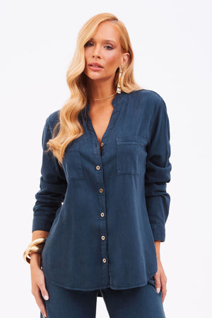 Camisa Feminina de Linho Dunas Azul Marinho