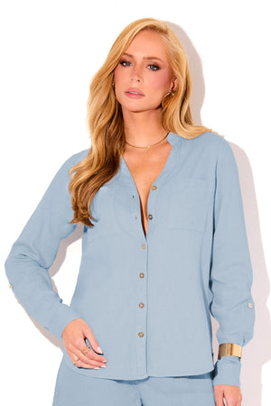 Camisa Feminina de Linho Dunas Azul Clara