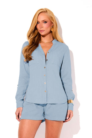 Camisa Feminina de Linho Dunas Azul Clara