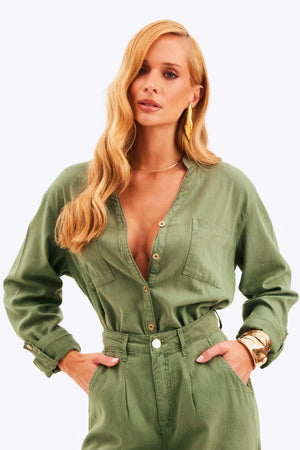 Camisa Feminina de Linho Dunas Verde Militar