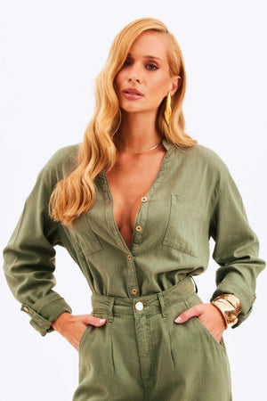 Camisa Feminina de Linho Dunas Verde Militar