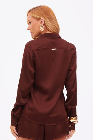 Camisa Feminina de Viscose Acetinada Essence Marrom