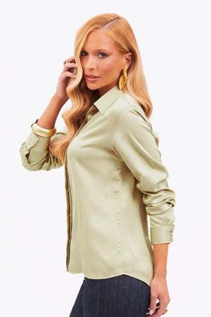Camisa Feminina de Viscose Acetinada Essence Pistache