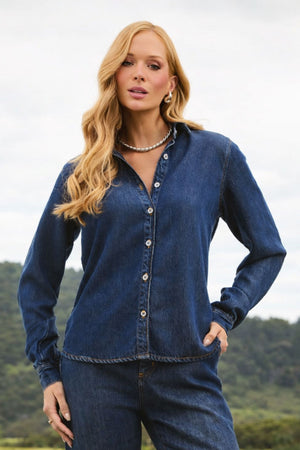 Camisa Feminina de Liocel Aura Jeans Escuro