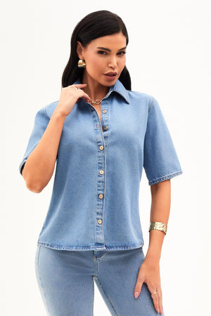 Camisa Manga Curta Jeans Claro
