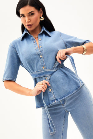 Camisa Manga Curta Jeans Claro