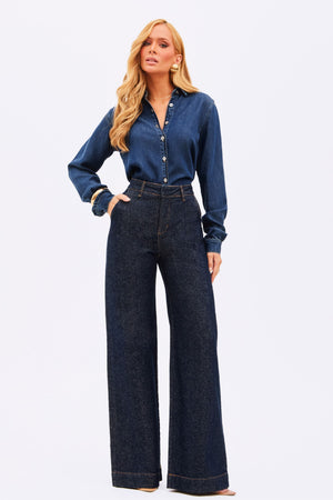 Calça Wide Leg Alfaiataria Jeans Escuro Cintura Super Alta