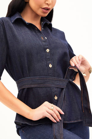Camisa Manga Curta Jeans Escuro