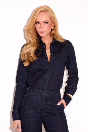 Camisa Jeans Escuro Estilo Alfaiataria