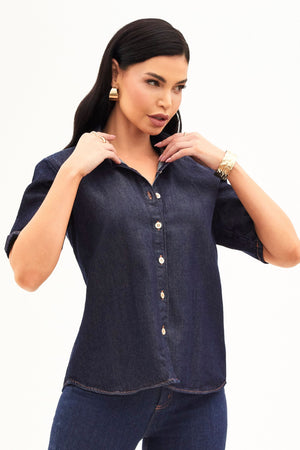 Camisa Manga Curta Jeans Escuro