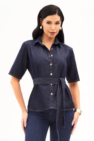 Camisa Manga Curta Jeans Escuro