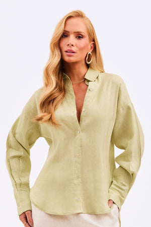 Camisa Feminina  100% Linho Slim Fit Verde Pistache