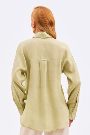 Camisa Feminina  100% Linho Slim Fit Verde Pistache