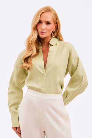 Camisa Feminina  100% Linho Slim Fit Verde Pistache