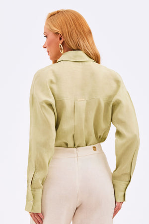 Camisa Feminina  100% Linho Slim Fit Verde Pistache