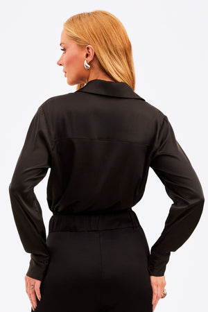 Camisa Feminina Acetinada Manga Longa Preta