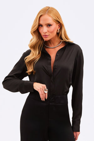 Camisa Feminina Acetinada Manga Longa Preta