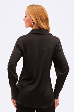 Camisa Feminina Acetinada Manga Longa Preta