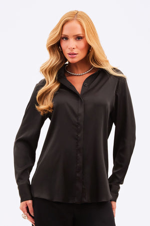 Camisa Feminina Acetinada Manga Longa Preta