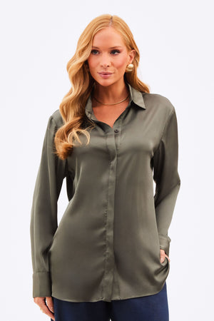 Camisa Feminina Acetinada Manga Longa Verde Petróleo