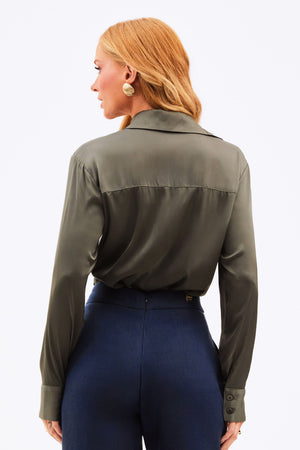Camisa Feminina Acetinada Manga Longa Verde Petróleo