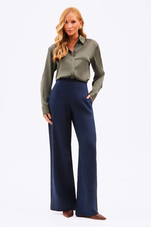 Camisa Feminina Acetinada Manga Longa Verde Petróleo