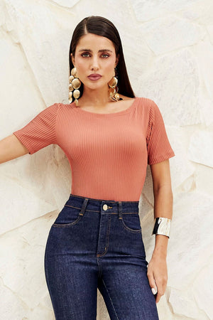 Blusa Canelada Premium Decote Canoa Terracota