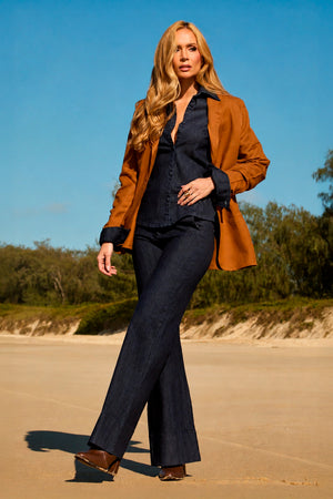 Calça Pantalona Estilo Alfaiataria Jeans Escuro Cintura Alta