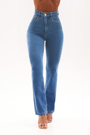 Calça Jeans Reta Clássica Cós Super Alto 99% Algodão