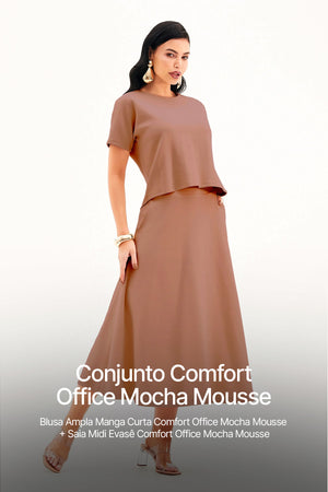Conjunto Saia Mídi e Blusa Comfort Office Mocha Mousse