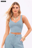 Cropped de Linho Térmico Estilo Alfaiataria Dunas Azul Claro