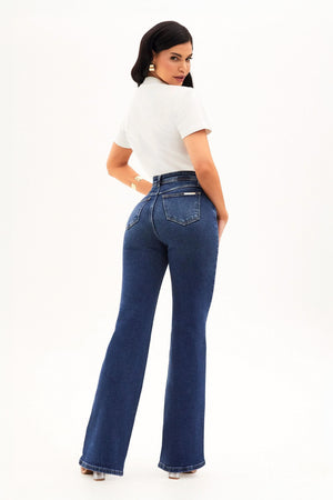 Calça Jeans Modeladora Essencial Wide Leg Jeans Escuro Cós Médio