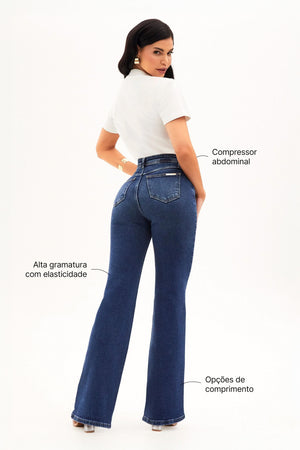 Calça Jeans Modeladora Essencial Wide Leg Jeans Escuro Cós Médio