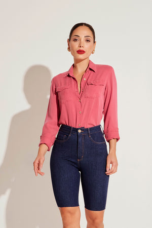 Shorts Jeans Modelador Ciclista Revolucionário Cós Super Alto