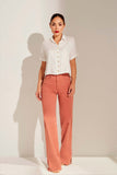 Calça Jeans Modeladora Wide Leg com Fenda Terracota