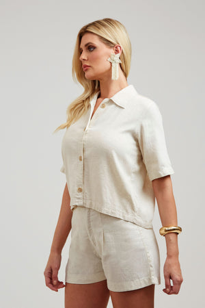 Camisa de Linho Térmico Cropped Manga Curta Dunas Areia