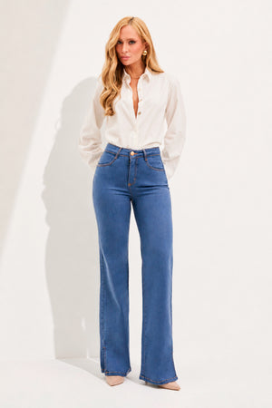 Calça Jeans Wide Leg Modeladora Linea Cintura Média