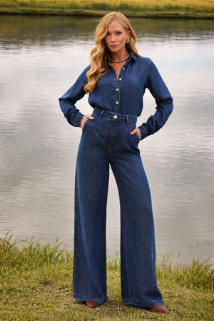 Calça Pantalona de Liocel Aura Jeans Escuro