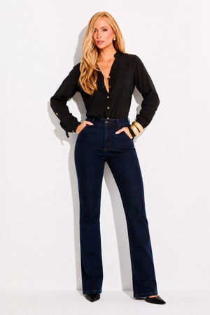 Calça Jeans Reta Luxury Cintura Super Alta Escura