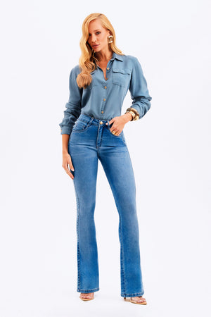 Calça Jeans Flare Modeladora Mega Bumbum Cós Médio