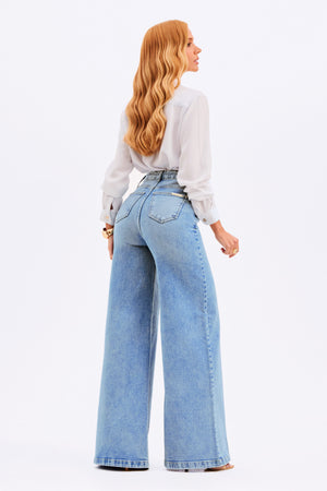 Calça Jeans Pantalona Basic Cós Super Alto Clara