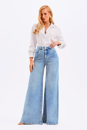 Calça Jeans Pantalona Basic Cós Super Alto Clara