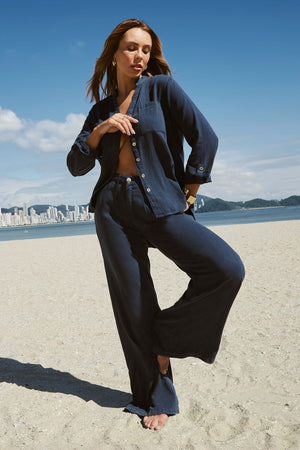 Calça Pantalona de Linho Térmico Estilo Alfaiataria Dunas Azul Marinho