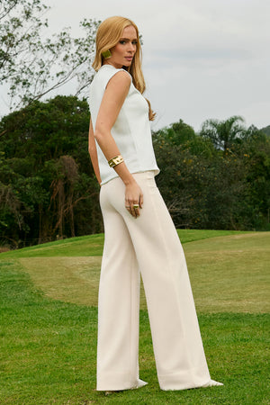Calça Pantalona Modeladora Glam Cós Alto Off White QUE NÃO AMASSA