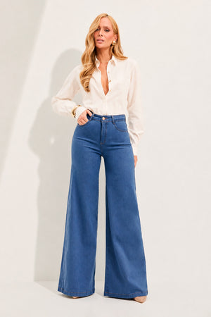 Calça Jeans Pantalona Modeladora Linea Cintura Média