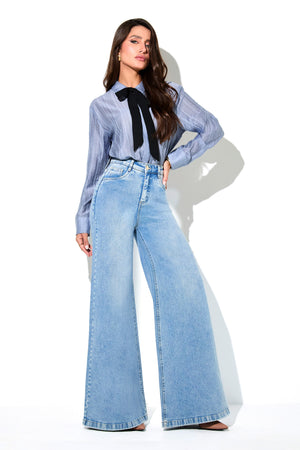 Calça Jeans Pantalona Basic Cintura Super Alta Clara