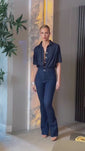 Stories de Calça Jeans Modeladora Revolucionária Escura Flare Cós Super Alto