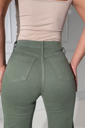 Calça Jeans Modeladora Verde Wide Leg Cós Super Alto
